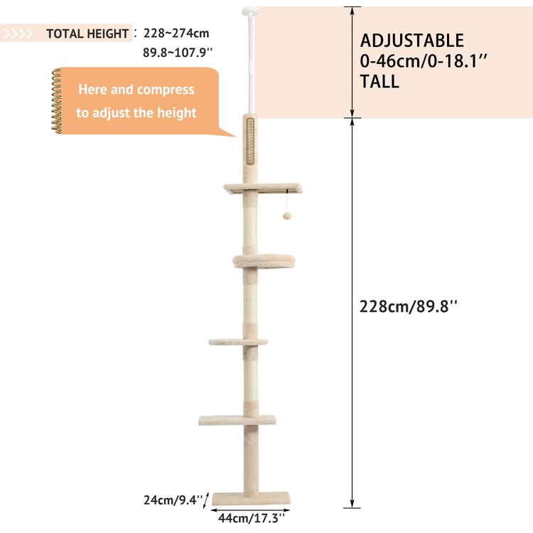 Domestic Cat Tree Condo Scratching Post Floor to Ceiling Adjustable Height 238-274cm Protecting Furniture