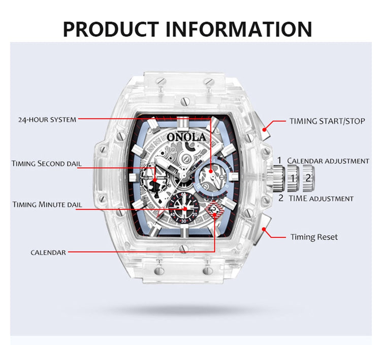 ONOLA Brand Transparent Plastic Watch Men Fashion Sports casual unique Quartz Luxury  Watch