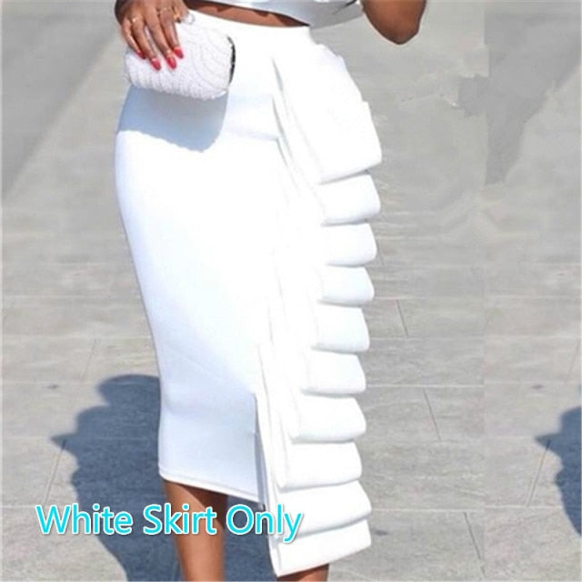 Women 2 Piece Sets Crop Tops Skirts Sexy Dinner Ruffles Off Shoulder Slim Jupes 2021 Fashion