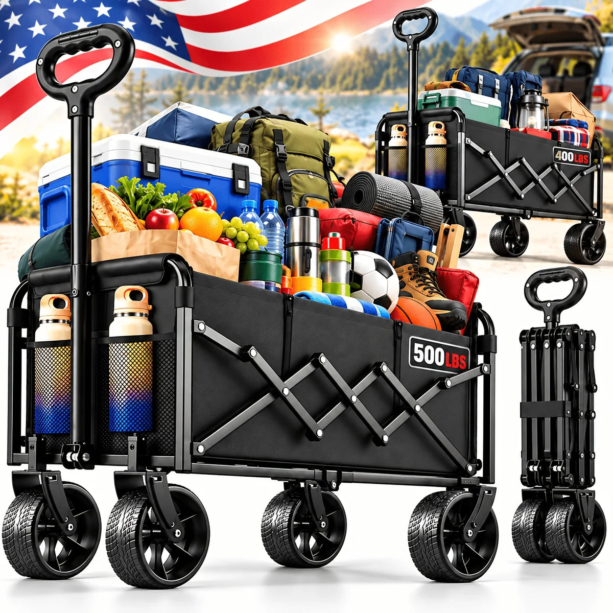 500/400LBS Heavy Duty Folding Wagon Cart, All-Terrain Utility Wagon with Reinforced Steel