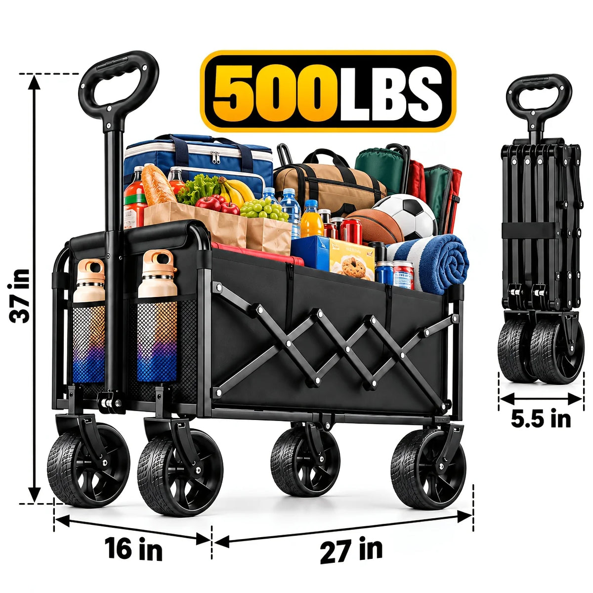 500/400LBS Heavy Duty Folding Wagon Cart, All-Terrain Utility Wagon with Reinforced Steel