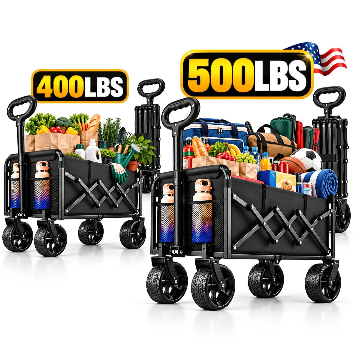 500/400LBS Heavy Duty Folding Wagon Cart, All-Terrain Utility Wagon with Reinforced Steel