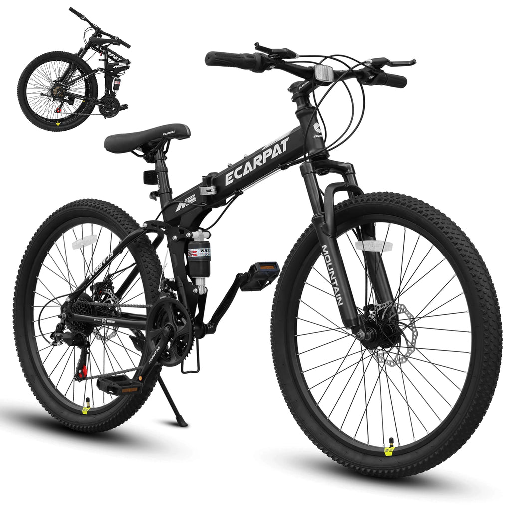 26 Inch Folding Mountain Bike, 21 Speed Full Suspension High-Carbon Steel MTB Dual Disc Brake