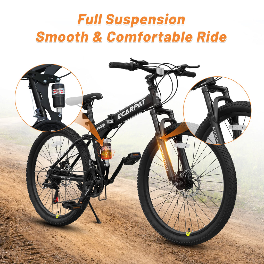 26 Inch Folding Mountain Bike, 21 Speed Full Suspension High-Carbon Steel MTB Dual Disc Brake