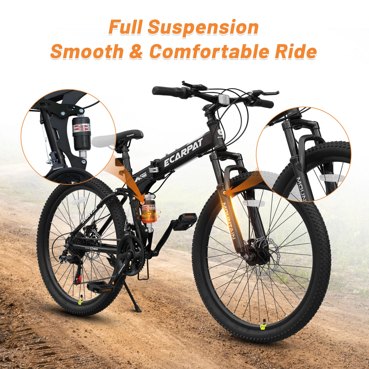 26 Inch Folding Mountain Bike, 21 Speed Full Suspension High-Carbon Steel MTB Dual Disc Brake