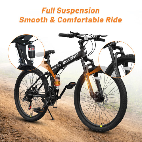 26 Inch Folding Mountain Bike, 21 Speed Full Suspension High-Carbon Steel MTB Dual Disc Brake