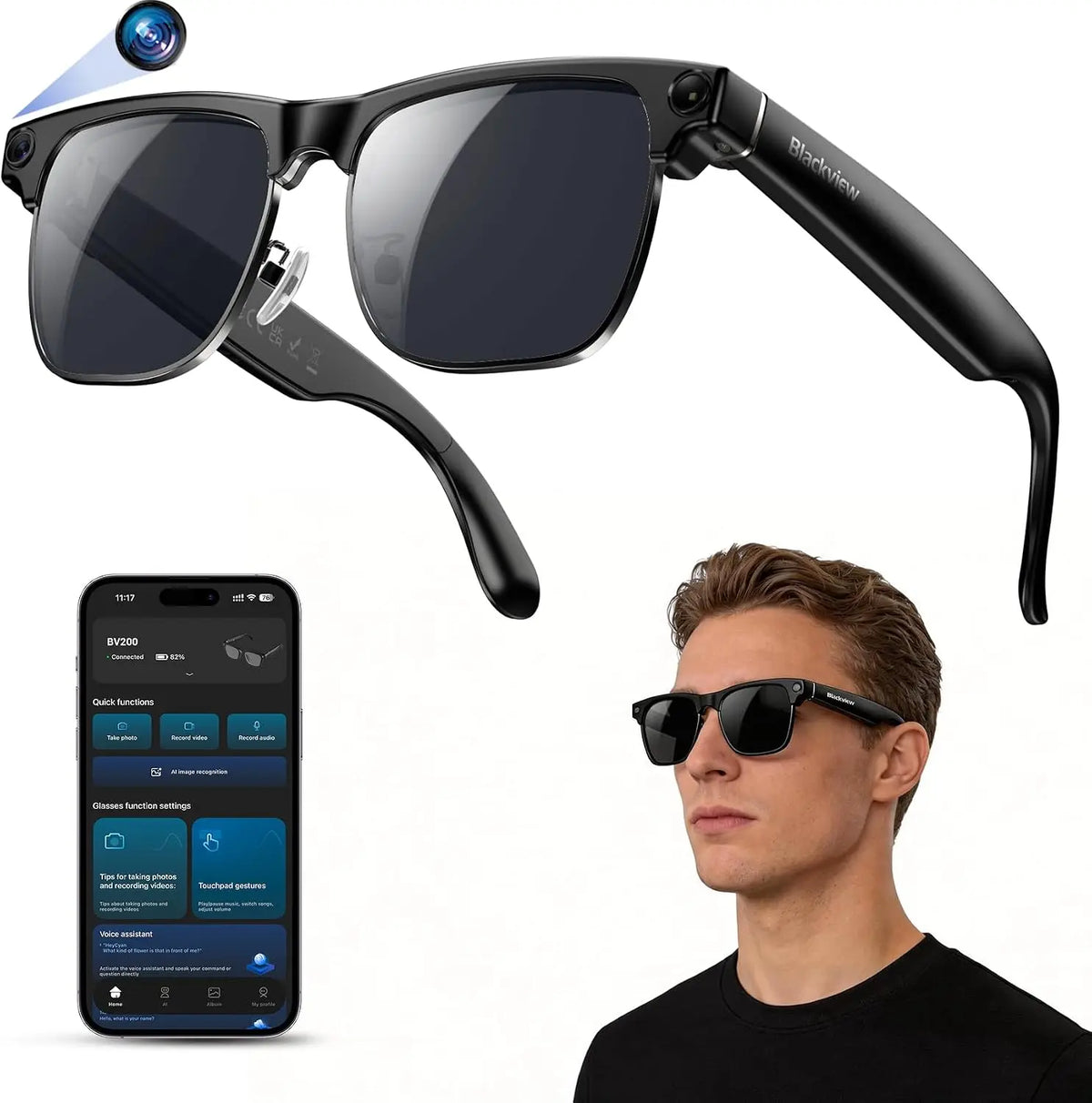 Blackview AI Smart Glasses with Camera, BT Call/Photo/4K HD Video Recording