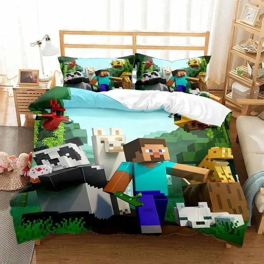 3D Cartoon Minecraft Duvet Cover  Simulated World Bedding Set Pillowcases with Zipper