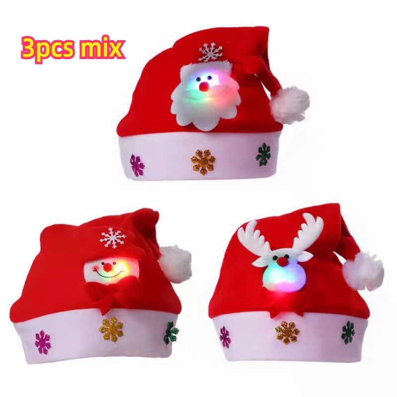 2025 Christmas Hat with Led Light Christmas Santa Cap for Kids Children Adult Gift for New Year Christmas Decorations 3/1PCS