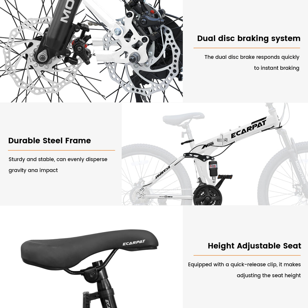 26 Inch Folding Mountain Bike, 21 Speed Full Suspension High-Carbon Steel MTB Dual Disc Brake