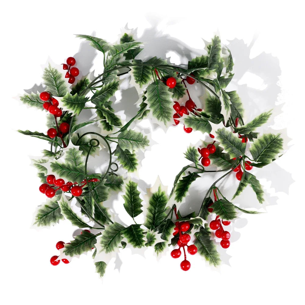 Christmas Wreath with Red Berries Green Leaf Hanging Garland Vine Artificial Flower Leaves String for Xmas New year Decoration