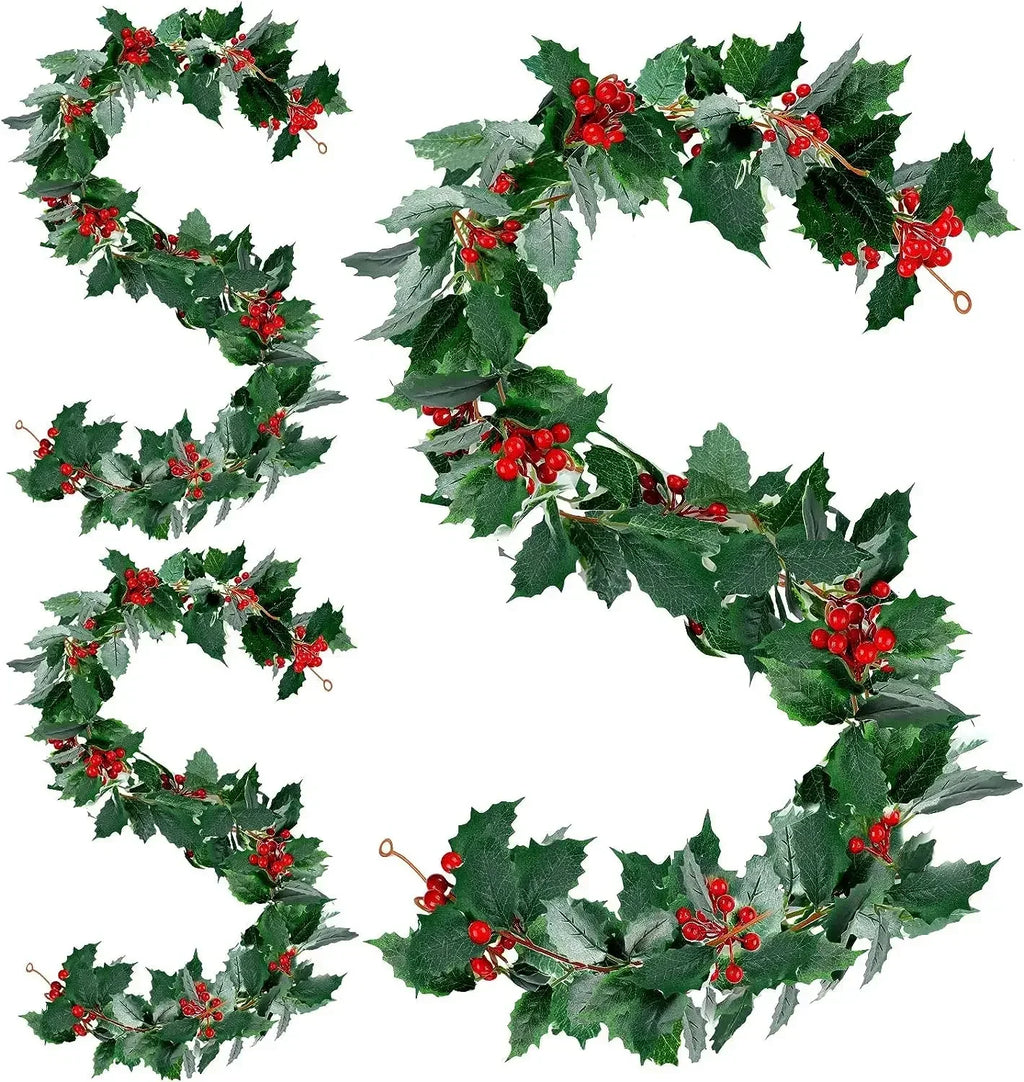 Christmas Wreath with Red Berries Green Leaf Hanging Garland Vine Artificial Flower Leaves String for Xmas New year Decoration
