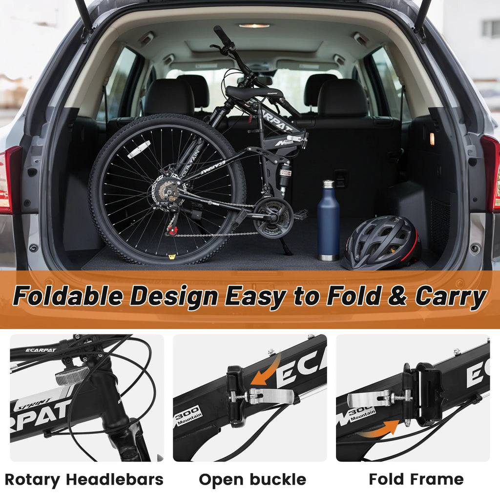 26 Inch Folding Mountain Bike, 21 Speed Full Suspension High-Carbon Steel MTB Dual Disc Brake