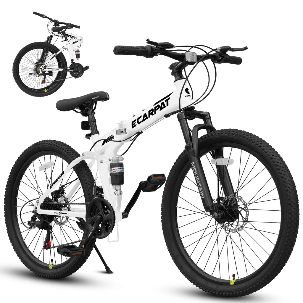 26 Inch Folding Mountain Bike, 21 Speed Full Suspension High-Carbon Steel MTB Dual Disc Brake