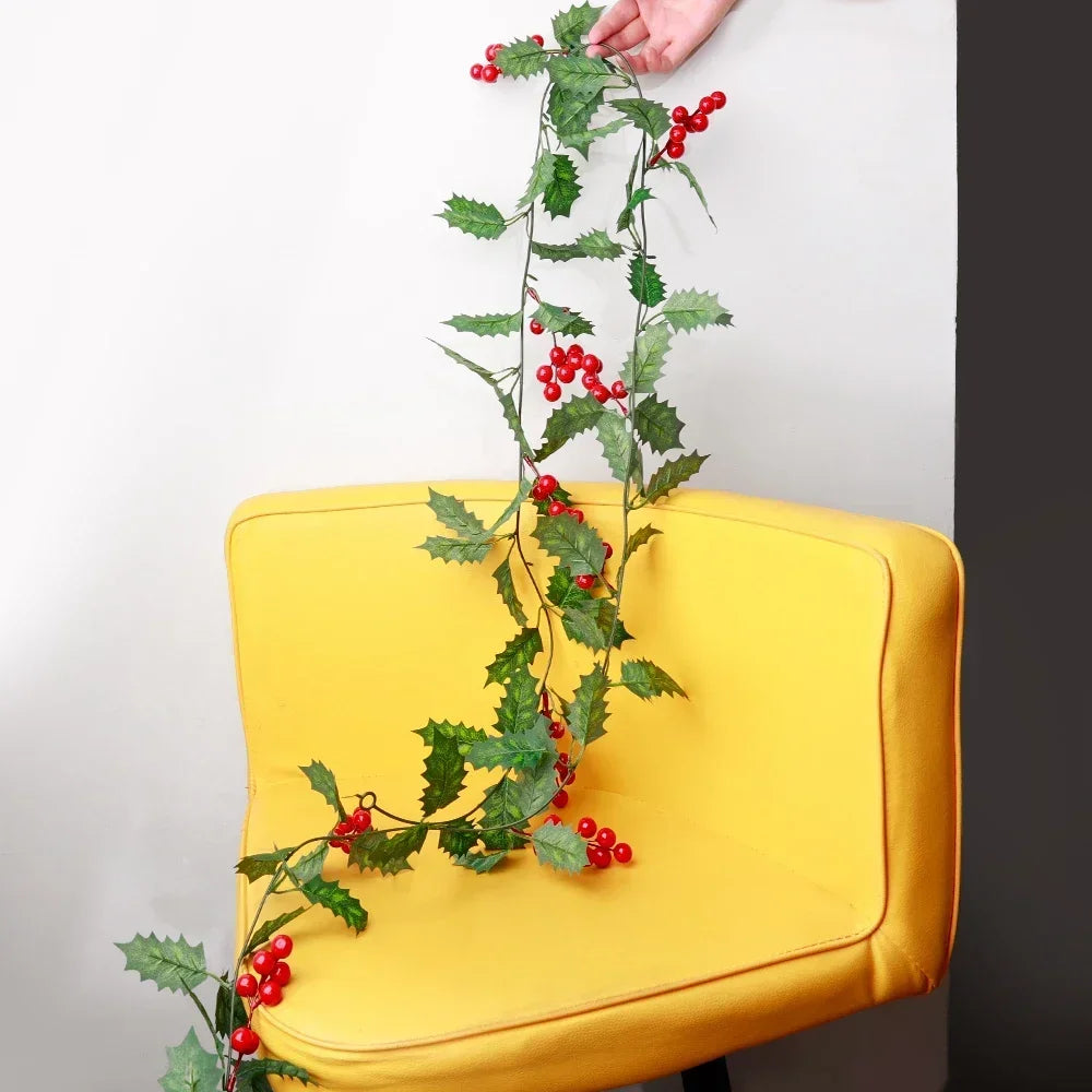 Christmas Wreath with Red Berries Green Leaf Hanging Garland Vine Artificial Flower Leaves String for Xmas New year Decoration