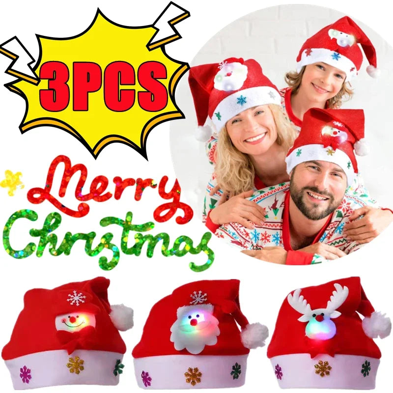 2025 Christmas Hat with Led Light Christmas Santa Cap for Kids Children Adult Gift for New Year Christmas Decorations 3/1PCS