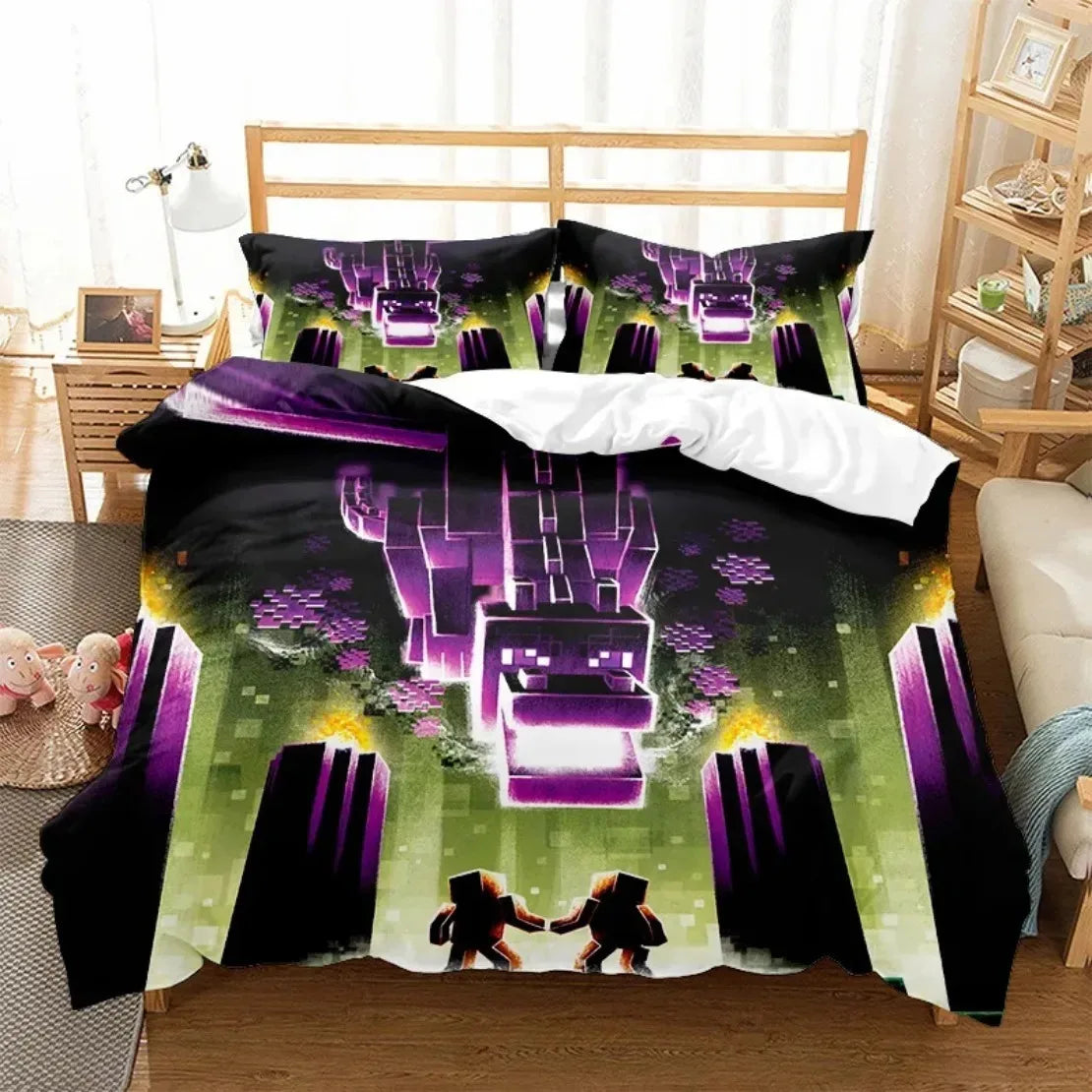 3D Cartoon Minecraft Duvet Cover  Simulated World Bedding Set Pillowcases with Zipper