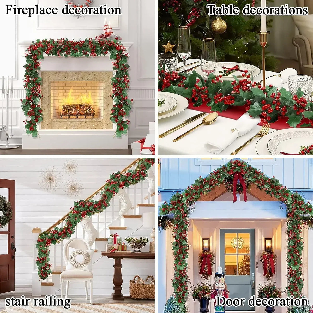 Christmas Wreath with Red Berries Green Leaf Hanging Garland Vine Artificial Flower Leaves String for Xmas New year Decoration