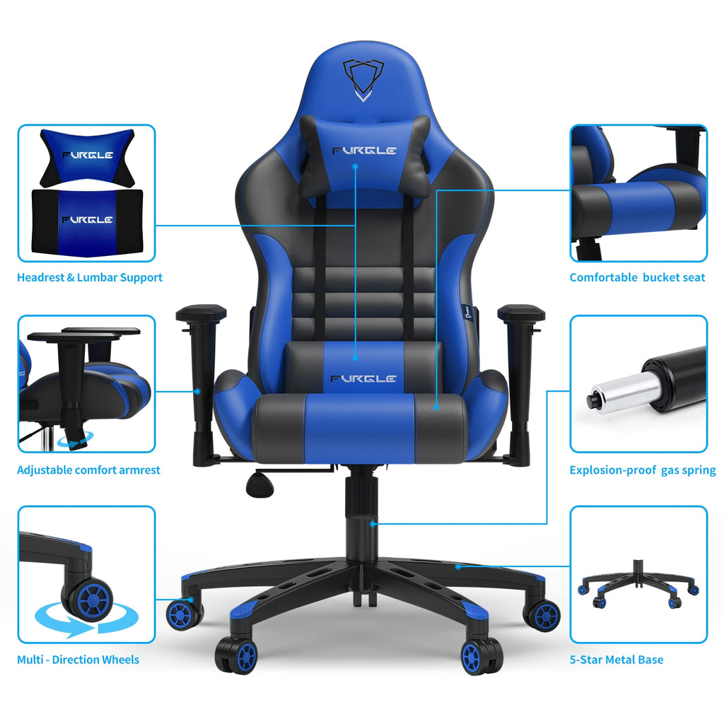 Gaming Chair, Ergonomic Computer Office Chair with Lumbar Support Footrest Headrest, Adjustable Height & Backrest Angle Video Gamer Chair, PU Leather, 360° Swivel, Adult,Black