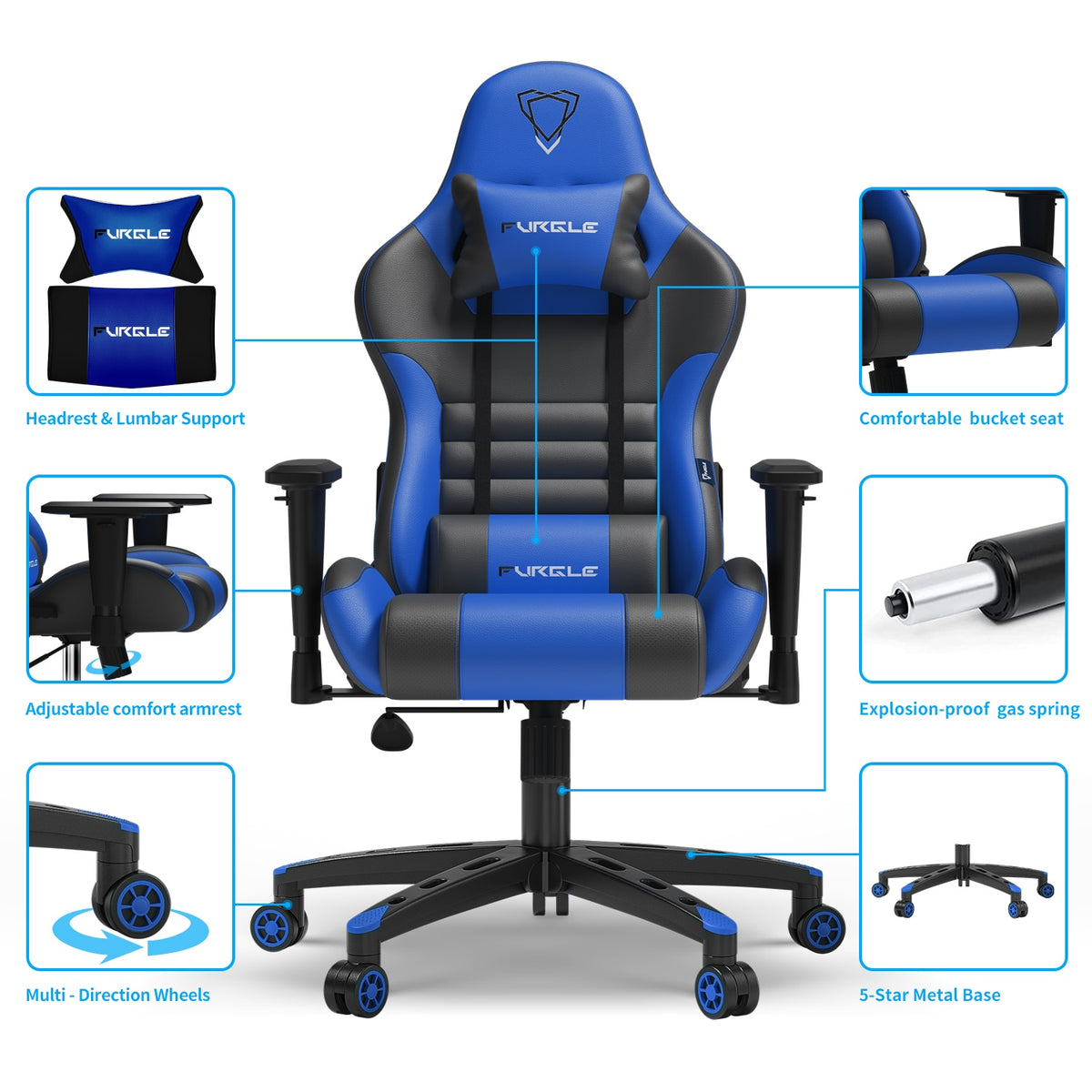 Gaming Chair, Ergonomic Computer Office Chair with Lumbar Support Footrest Headrest, Adjustable Height & Backrest Angle Video Gamer Chair, PU Leather, 360° Swivel, Adult,Black