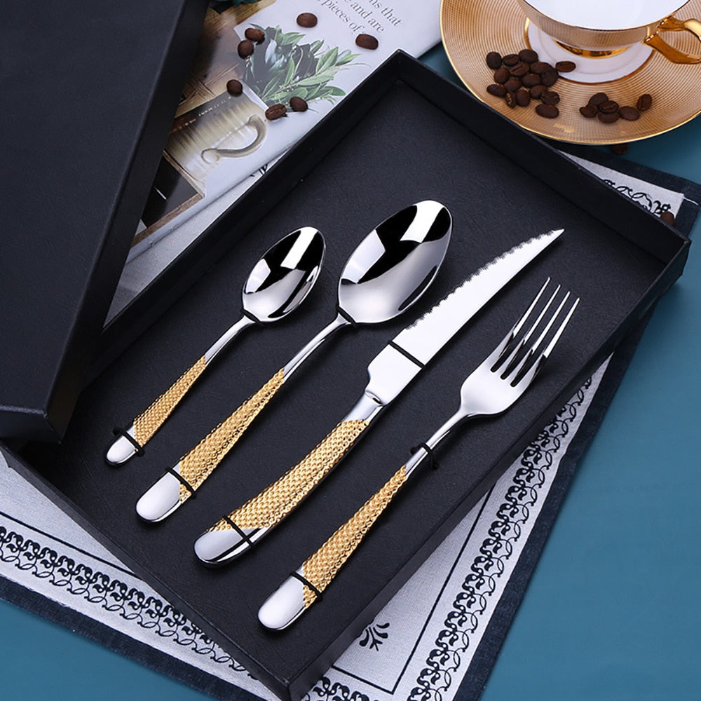 16/20/24/28Pcs Cutlery Set Stainless Steel Western Tableware Luxury Dinner Set Gold Knife Fork Mirror Sliverware Dishwasher Safe