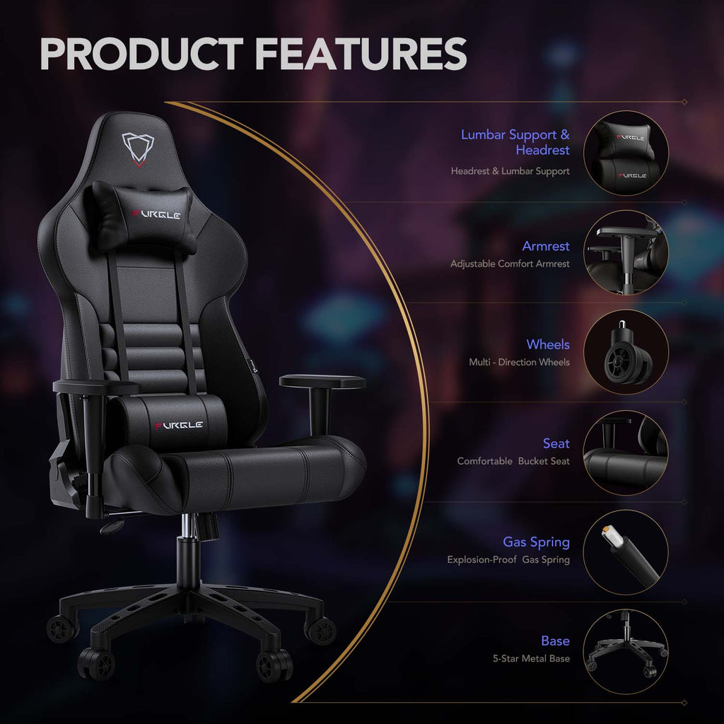 Gaming Chair, Ergonomic Computer Office Chair with Lumbar Support Footrest Headrest, Adjustable Height & Backrest Angle Video Gamer Chair, PU Leather, 360° Swivel, Adult,Black