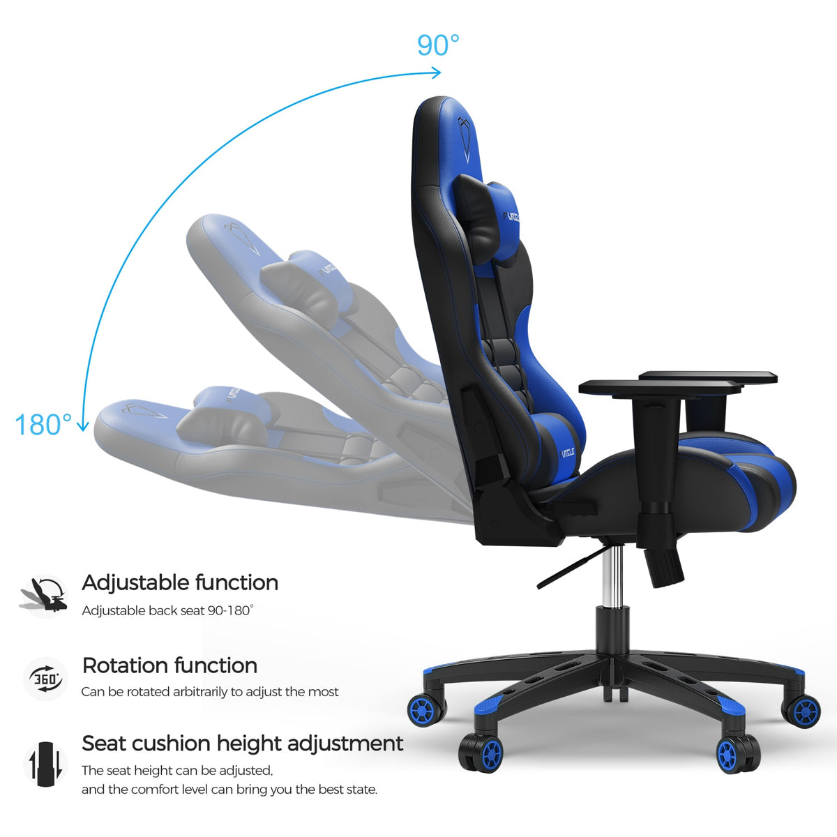 Gaming Chair, Ergonomic Computer Office Chair with Lumbar Support Footrest Headrest, Adjustable Height & Backrest Angle Video Gamer Chair, PU Leather, 360° Swivel, Adult,Black