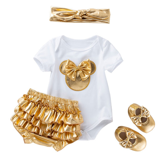 Baby Girl Clothes White Cotton Rompers and Golden Ruffles Baby Girls Tutu Skirt Shoes Headband Newborn Sets