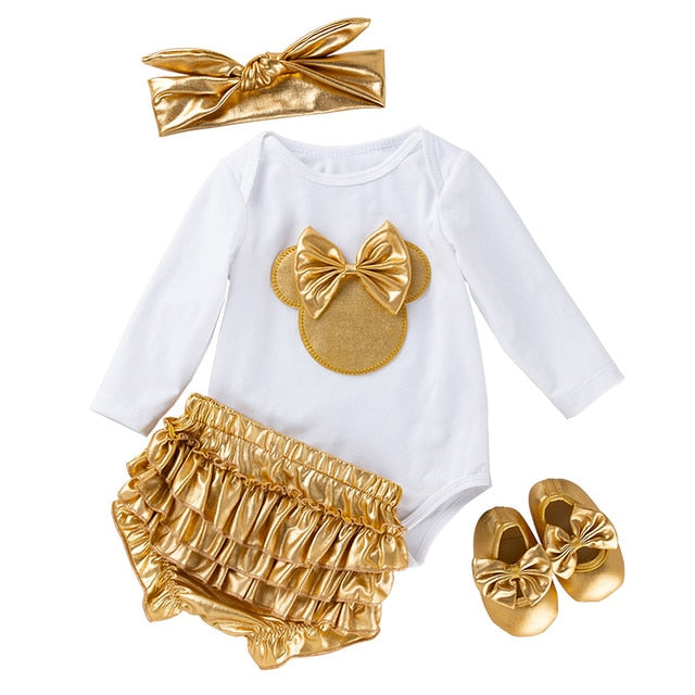 Baby Girl Clothes White Cotton Rompers and Golden Ruffles Baby Girls Tutu Skirt Shoes Headband Newborn Sets