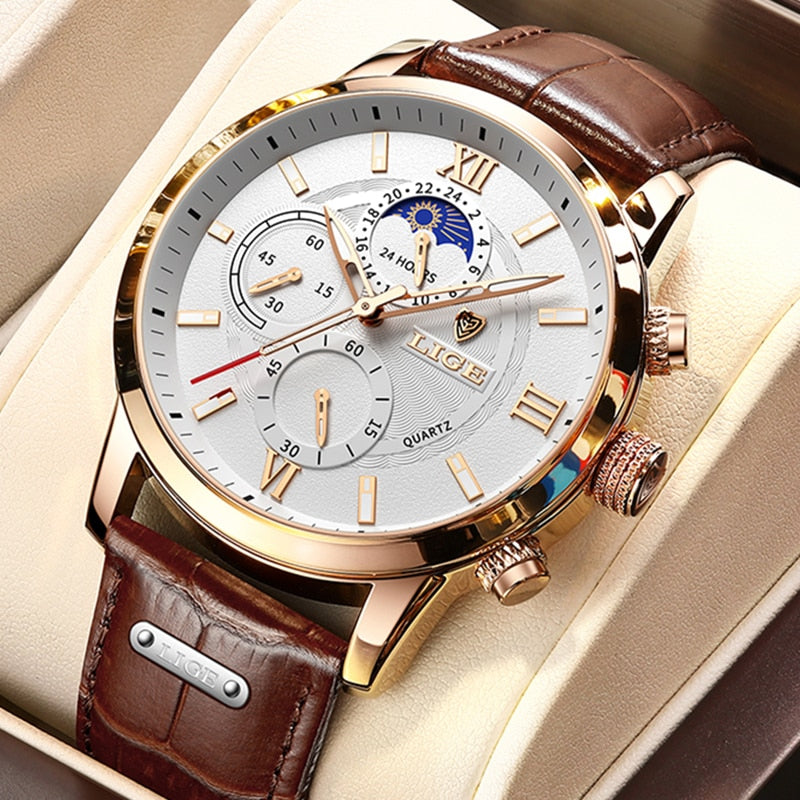 2021 Mens Hombre LIGE Top Brand Luxury Watch Casual Leather  24Hour  Moon Phase Men Watch Sports Waterproof Quartz Chronograph+Box