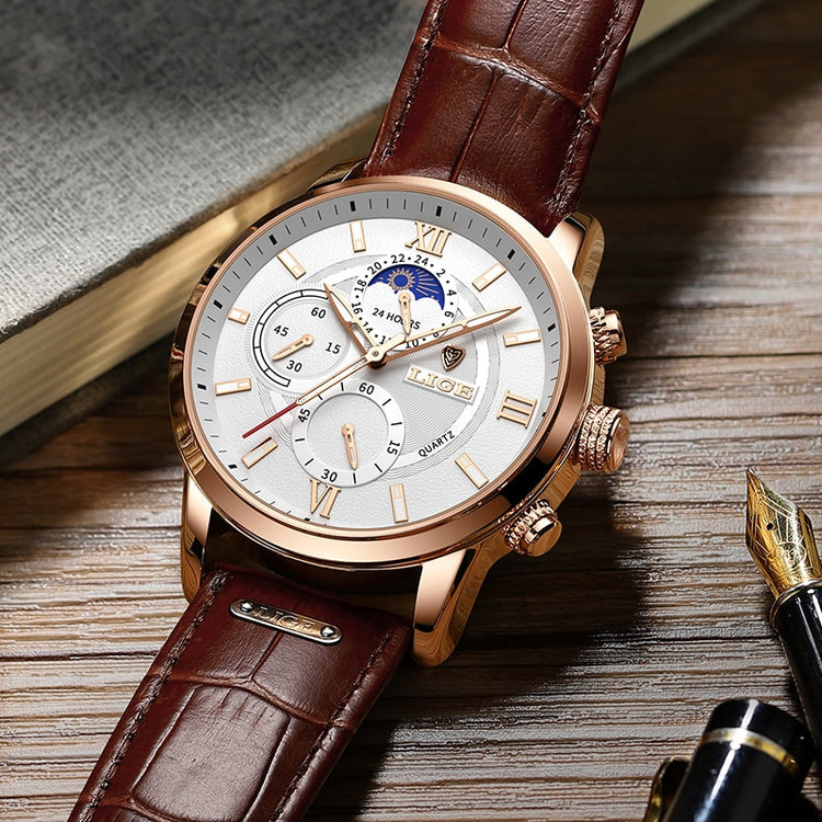 2021 Mens Hombre LIGE Top Brand Luxury Watch Casual Leather  24Hour  Moon Phase Men Watch Sports Waterproof Quartz Chronograph+Box