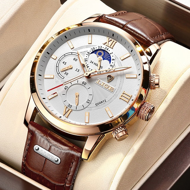 2021 Mens Hombre LIGE Top Brand Luxury Watch Casual Leather  24Hour  Moon Phase Men Watch Sports Waterproof Quartz Chronograph+Box