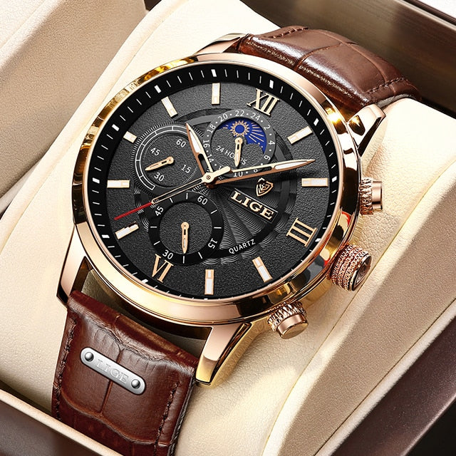 2021 Mens Hombre LIGE Top Brand Luxury Watch Casual Leather  24Hour  Moon Phase Men Watch Sports Waterproof Quartz Chronograph+Box