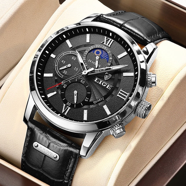 2021 Mens Hombre LIGE Top Brand Luxury Watch Casual Leather  24Hour  Moon Phase Men Watch Sports Waterproof Quartz Chronograph+Box