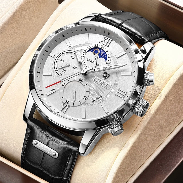 2021 Mens Hombre LIGE Top Brand Luxury Watch Casual Leather  24Hour  Moon Phase Men Watch Sports Waterproof Quartz Chronograph+Box