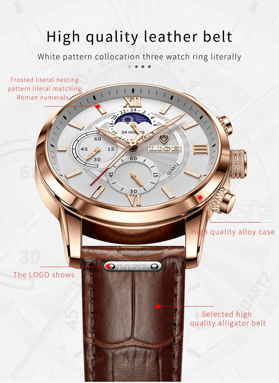 2021 Mens Hombre LIGE Top Brand Luxury Watch Casual Leather  24Hour  Moon Phase Men Watch Sports Waterproof Quartz Chronograph+Box