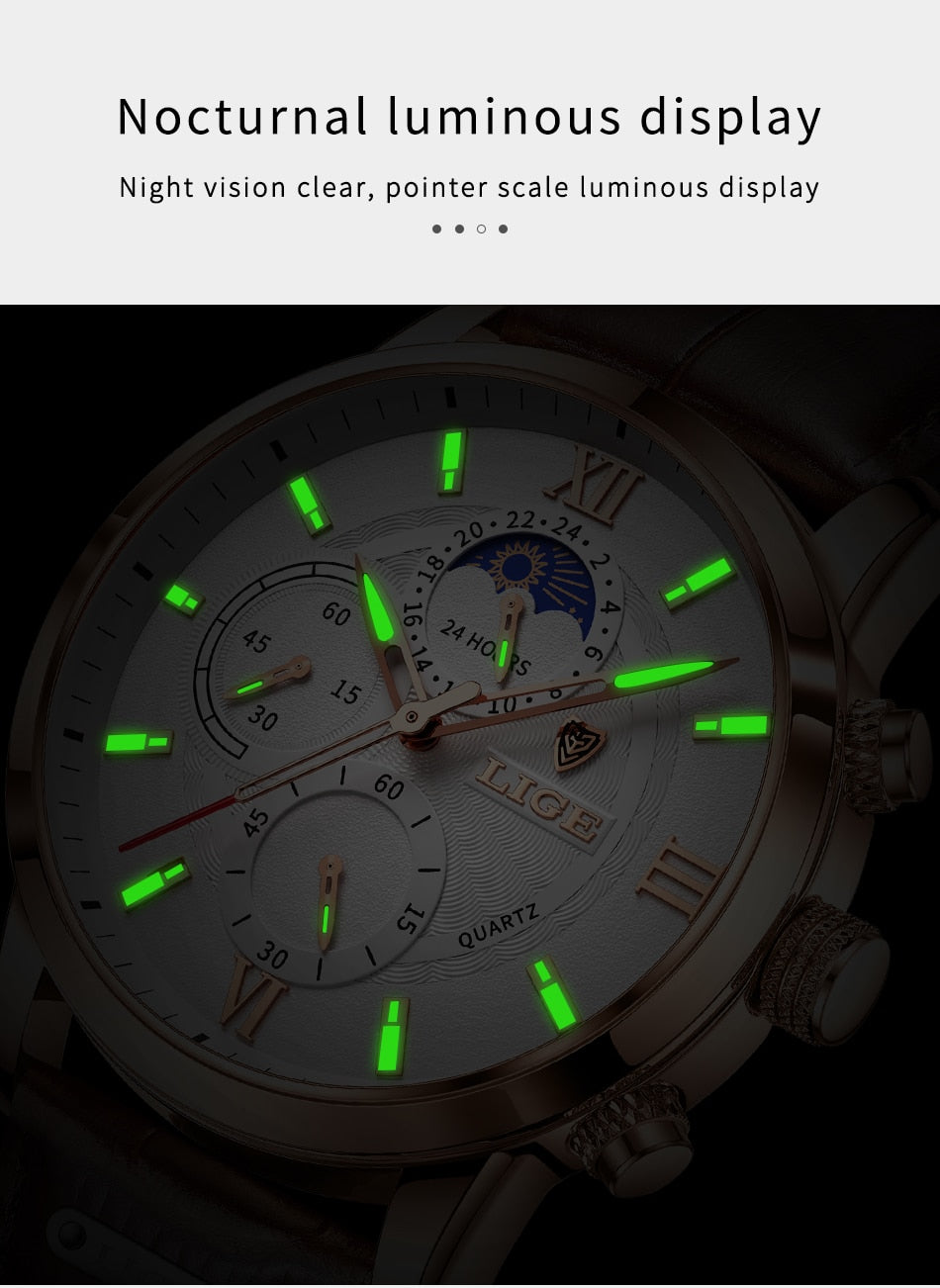 2021 Mens Hombre LIGE Top Brand Luxury Watch Casual Leather  24Hour  Moon Phase Men Watch Sports Waterproof Quartz Chronograph+Box