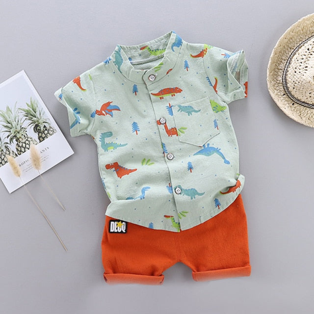Cute Baby Boy Clothes Set Cartoon Dinosaur Print Short Sleeve Shirt + Pants for 1 2 3 4 Years Kid Toddler Outfit