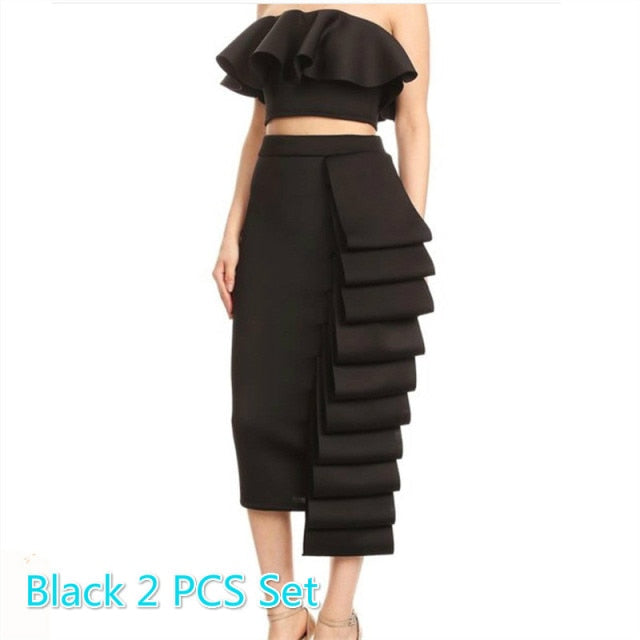Women 2 Piece Sets Crop Tops Skirts Sexy Dinner Ruffles Off Shoulder Slim Jupes 2021 Fashion