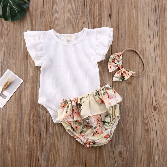 New Infant Clothes Baby Girl Ruffled Ribbed Bodysuit Girls Floral Shorts Headband Newborn 3Pcs Set