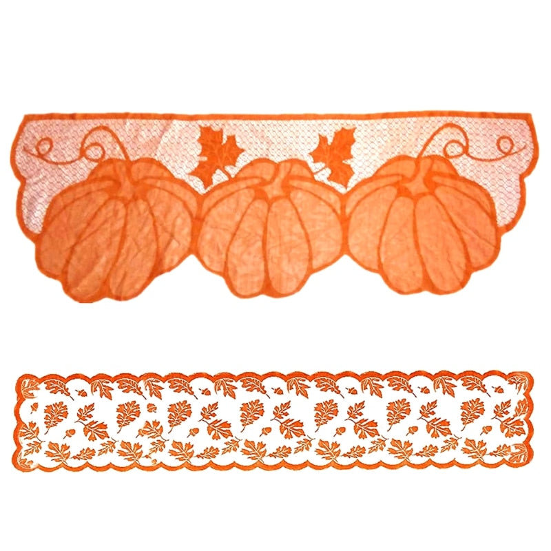 1Pcs Halloween Lace Table Runner Fall Harvest Maple Pumpkin Pattern Table Flag Autumn Winter Home Dining Room Tabletop Decor
