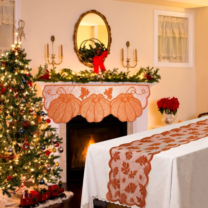 1Pcs Halloween Lace Table Runner Fall Harvest Maple Pumpkin Pattern Table Flag Autumn Winter Home Dining Room Tabletop Decor