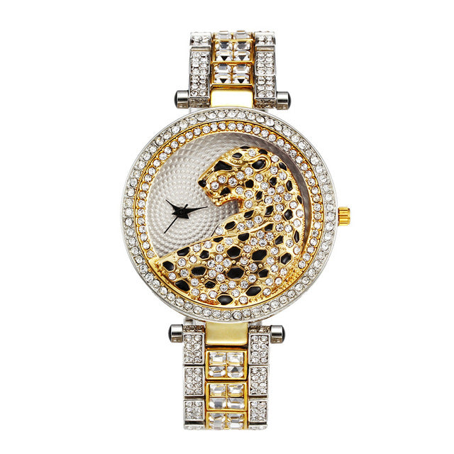 Miss Fox Brand luxury Leopard Watch Women Golden Charms Full Diamond Gold Quartz Wrist watches